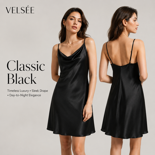 VELSÉE 19 Momme Mulberry Silk Slip Dress for Women – Luxury Cowl Neck Nightgown with Adjustable Straps